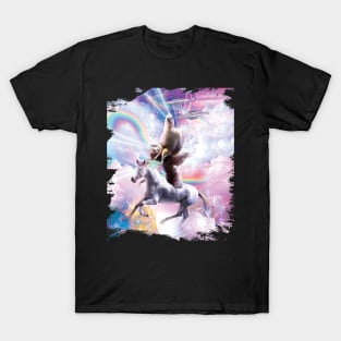 Laser Eyes Space Llama On Sloth Unicorn - Rainbow T-Shirt